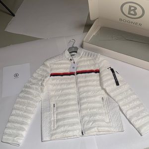 Bogner Ultra light weight down jacket. White with red/blue ribbon stripes.